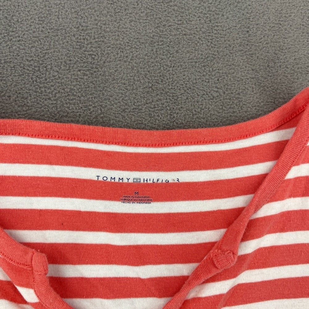 Tommy Hilfiger T Shirt Womens Medium Red White Striped Logo Split Neck Cotton - Picture 4 of 6